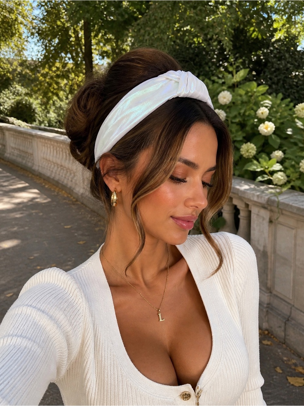 White Iridescent Knot Headband Pearl Sheen Bridal Preppy Chic Hairband